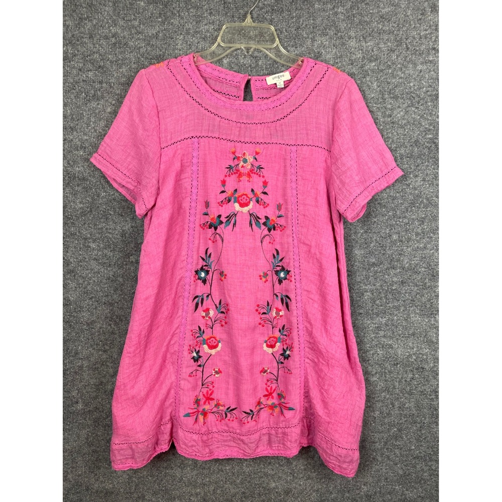 Umgee Tunic Top Women Medium Pink Excellent Floral Embroidered‎ Boho Lace Trim